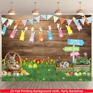 Easter photo background cloth, Easter party banner decoration, spring flowers, green grass, rabbit egg wood wall background, suitable for holiday parties and Easter celebrations, multifunctional decoration for families, gardens, studios