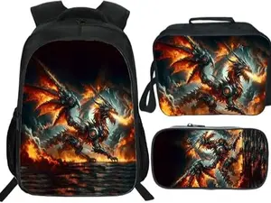 Fiery Steampunk Mechanical Fire Dragon 3PCS Kids Backpack Set, Waterproof Large-Capacity School Bag with Insulated Lunch Box & Pencil Pouch, Dark Smoke Cloud Blazing Flame Print for Boys Basketball Equipment Use