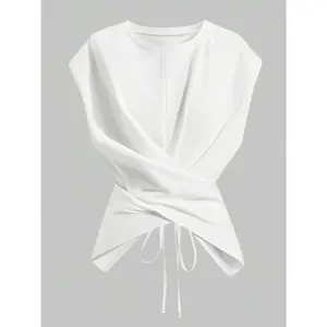 Women's Knitted Round Neck Drop Shoulder Sleeve T-Shirt, Fashion Casual Chic Asymmetrical Criss Cross Back Tie Top, Spring & Fall Wear