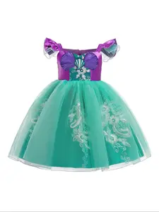 Girl's Floral Embroidery Butterfly Sleeve Zipper Satin Costume Dress, Elegant Contrast Mesh Sequins Party Dress for Kids, Kids Costumes for Cosplay