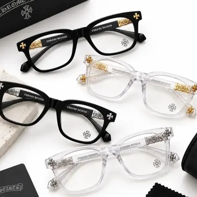 Chrome Hearts Unisex Gothic Cross Optical Glasses, Bold Black Square Acetate Frames, Retro Luxury Eyewear for Men & Women, Stylish Everyday Fashion Gift