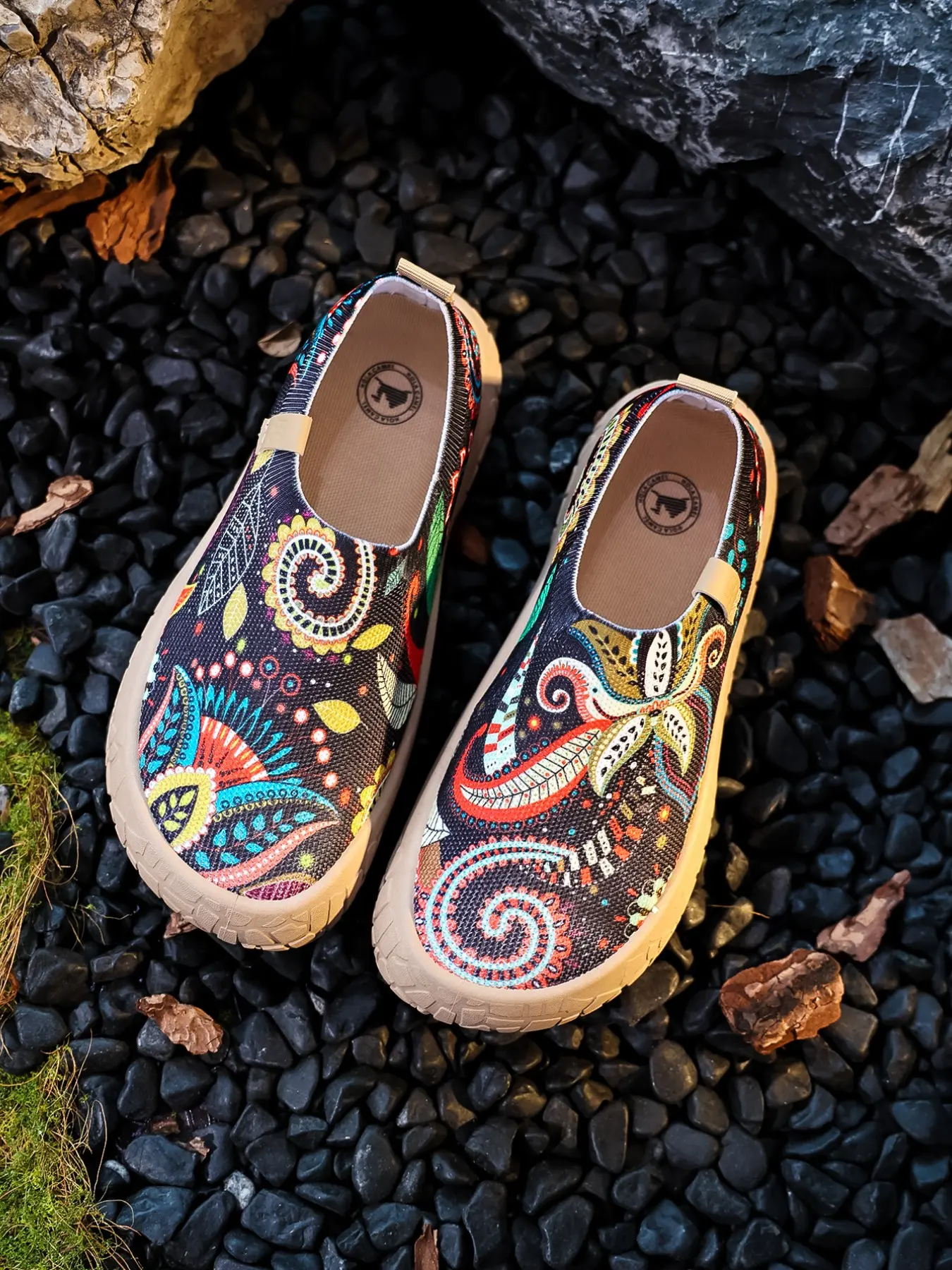 Ethnic Print Breathable Mesh Lazy No Tie Shoes for Women, Slip-On Soft Rubber Sole Walking Shoes, Anti-Slip Comfortable Casual Relaxed Footwear, Daily Wear Shoes, Rubber Soled Footwear, Multiple Colors Available