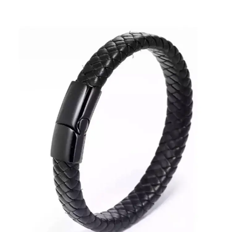 Titanium steel jewelry, stainless steel magnetic clasp leather cord bracelets for men and women, woven leather wristbands