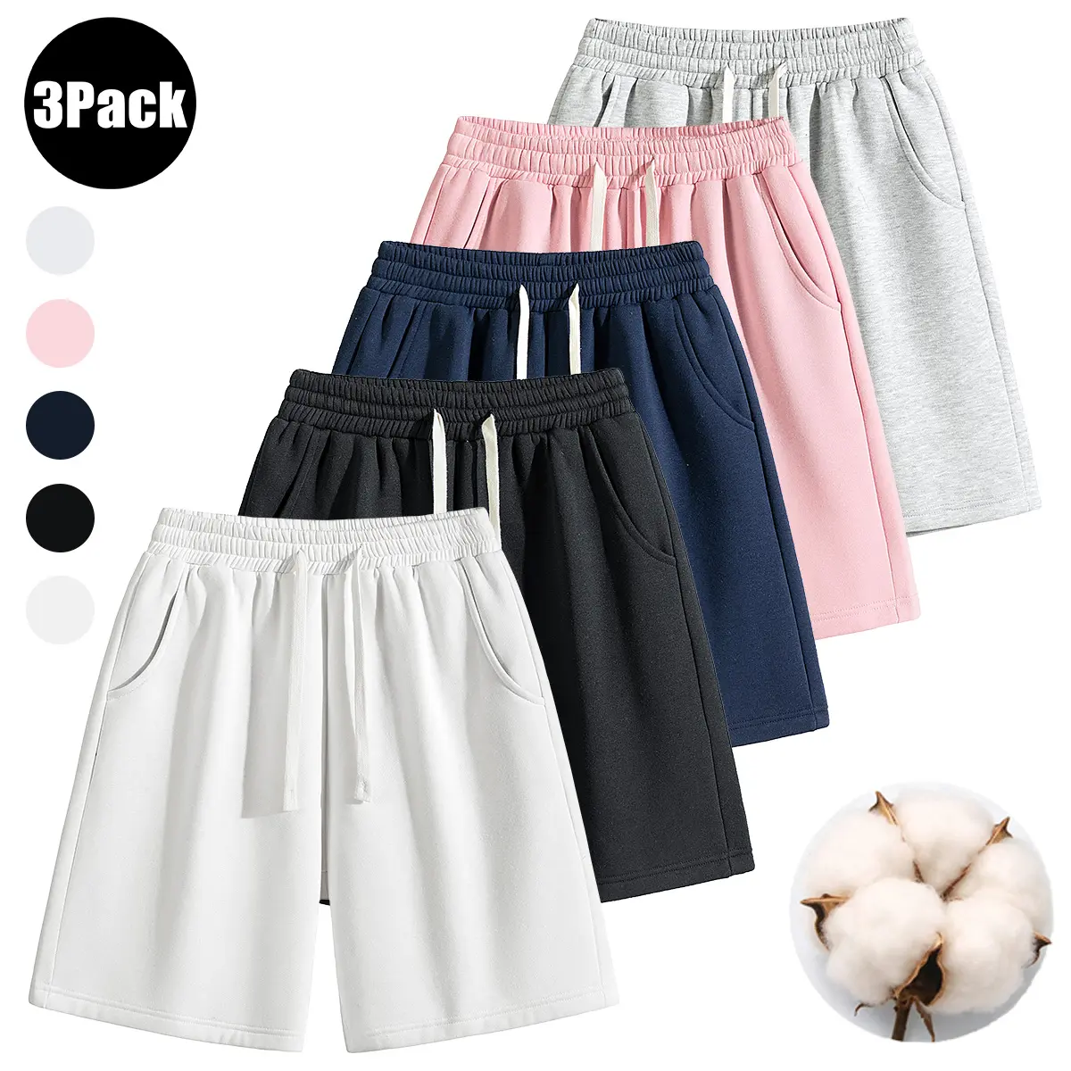 Men’s cotton shorts multipack – summervibes solid-color basic shorts, knee-length, suitable for summer sports and casual wear Lightweight Casual Shorts Drawstring Athletic Shorts