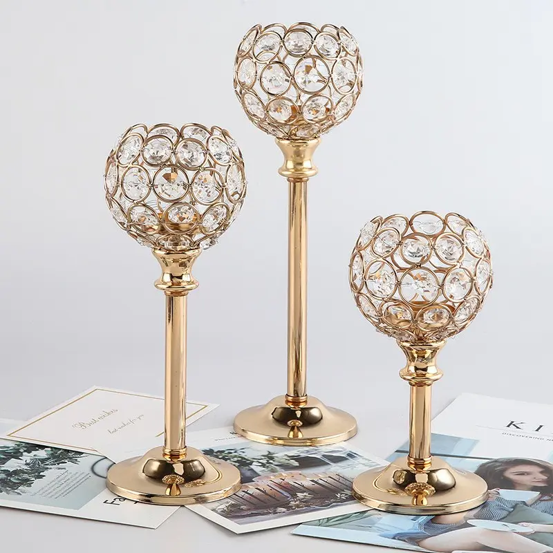 3-Piece Crystal Accents Candlestick Set, French Luxurious Design Metal Candleholder, Elegant Wedding Table Decor, Polished Metal Decoration, Candlestick Holders