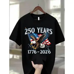 100% Cotton Ultra Soft & Cozy Men'S Crew Neck T-Shirt with Eagle Graphic | 250 Years 1776 - 2026 American Flag Design Casual Daily Wear Tee For Men & Women, Apparel Made In The USA