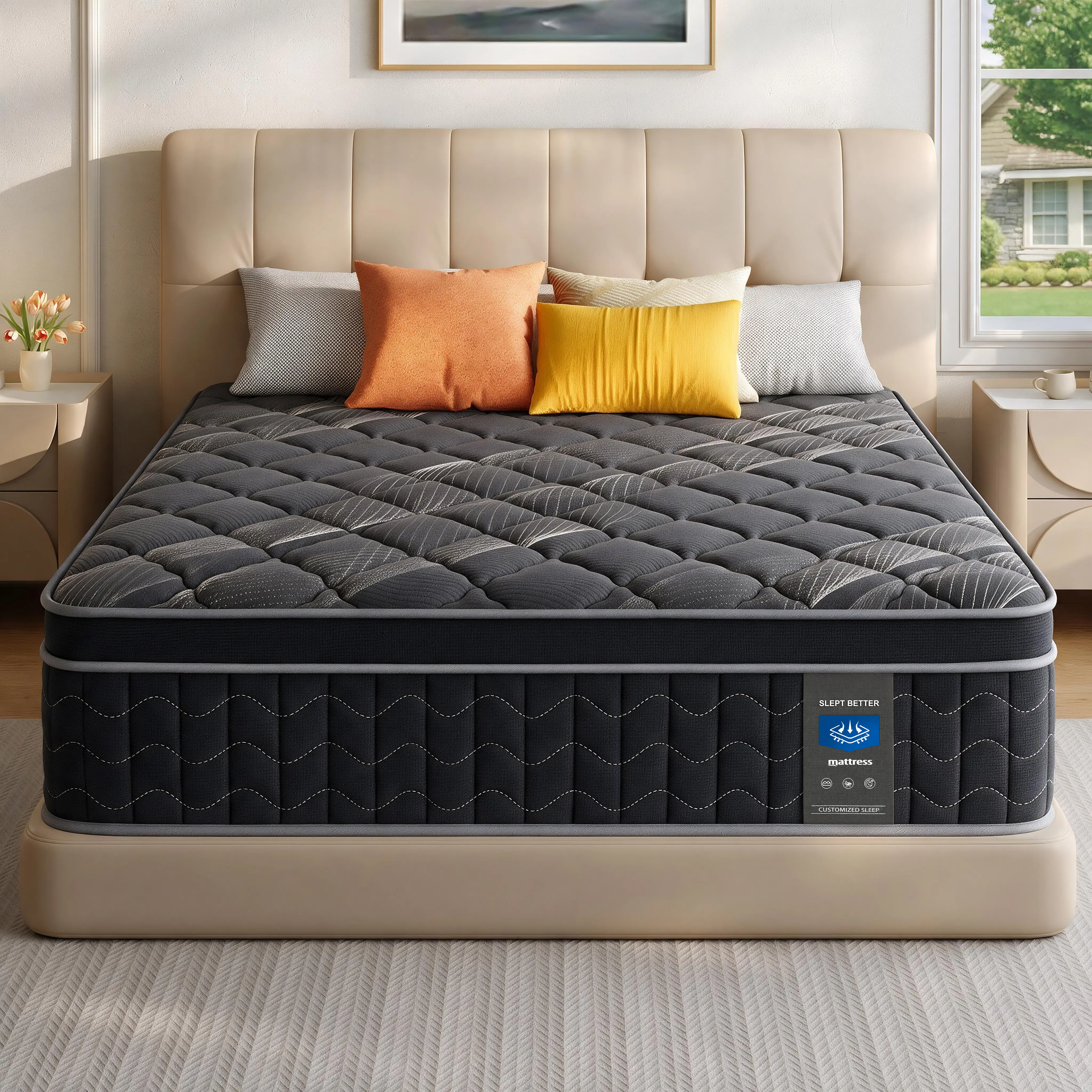 MRH 12‑14 Inch Hybrid Mattress, Pocket Spring with Memory Foam, Compressed Vacuum Roll‑in‑a‑Box Mattress for Bedroom, Indoor Furniture