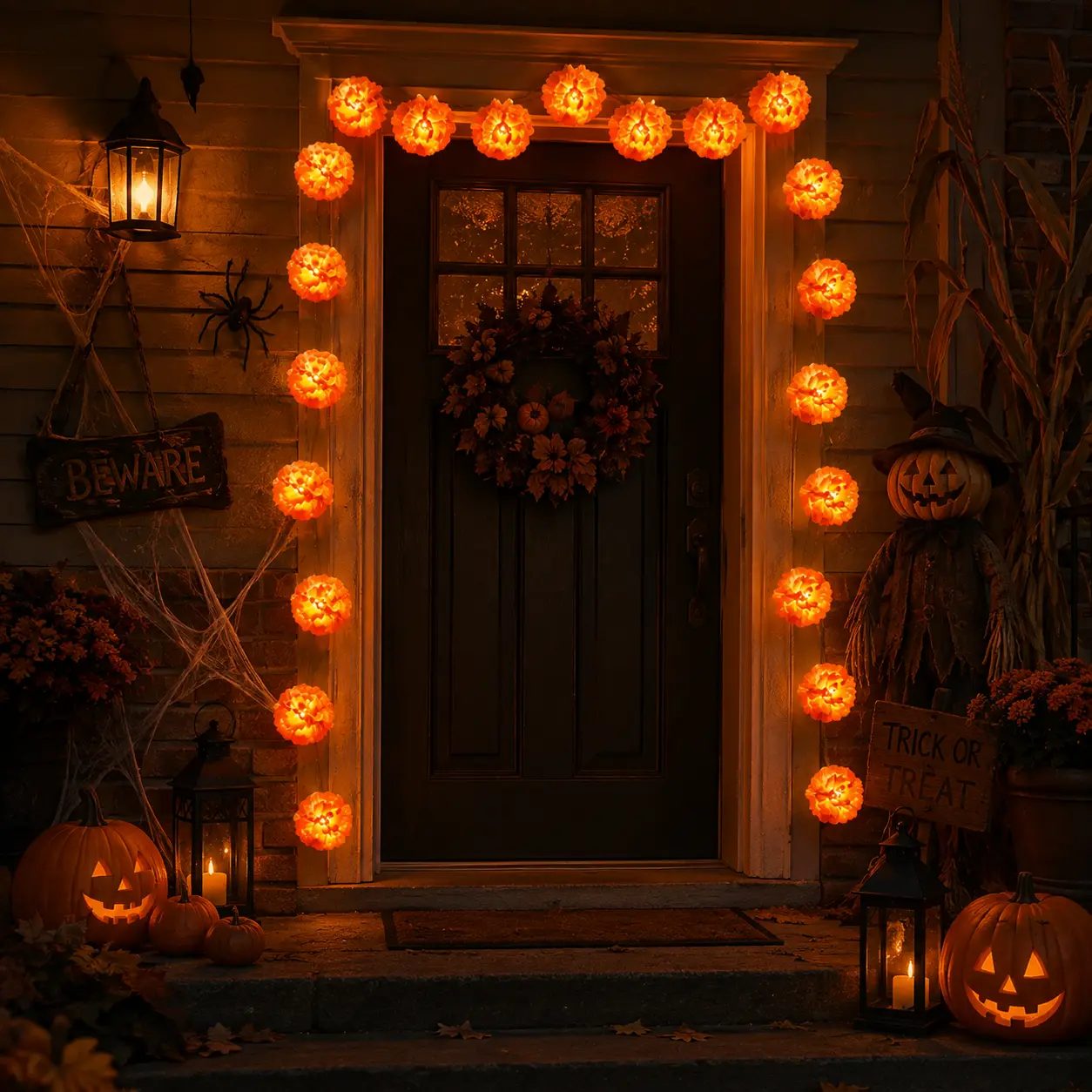 Mexican Marigold LED String Lights 3M, 20 Orange Flower Garland with 2 Lighting Modes, Battery Powered Cempasuchil Lights for Day of the Dead, Halloween & Fall Decorations