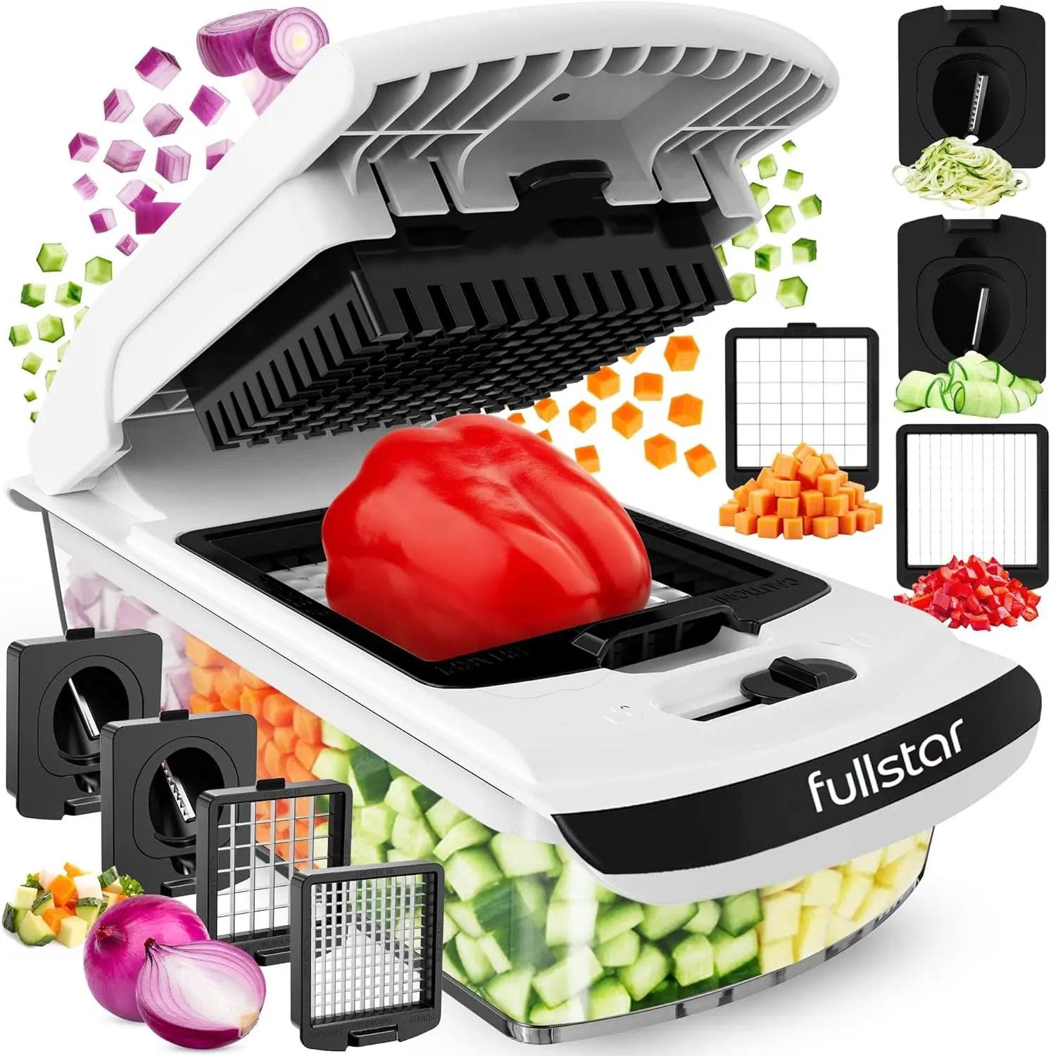 Fullstar Pro Original Vegetable Chopper & Spiralizer, Kitchen Prep Tool | 4 in 1 Veggie Slicer, Onion & Fruit Cutter with Sharp Stainless Steel Blades & Container, All-In-One Food Prep Tool (White) fullstar