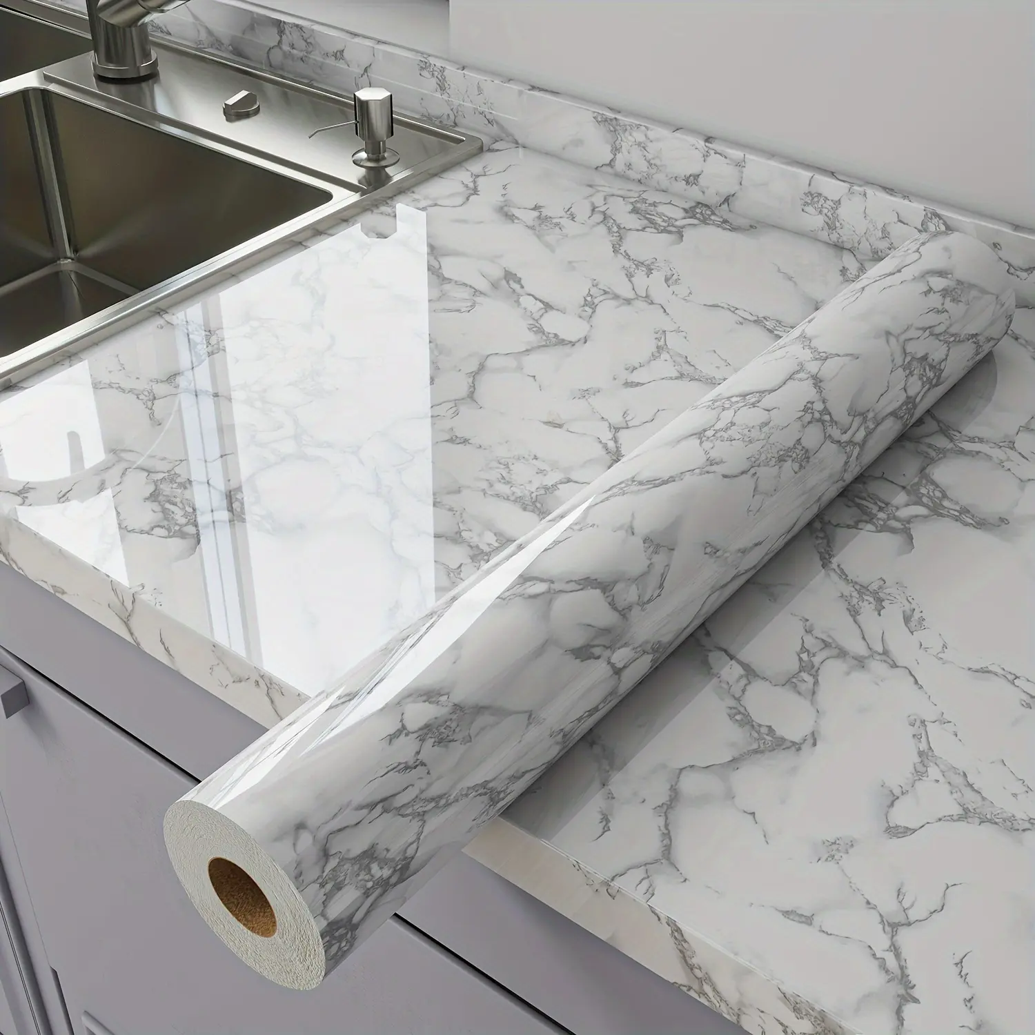 Glossy Marble Contact Paper Gloss Waterproof Marble Vinyl Wrap Self Adhesive Granite Wallpaper Oil Resistant Removable Countertop Cover for Kitchen Cabinet Table Bathroom Vanity Furniture Surface Upgrade