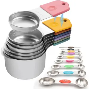 Measuring Cups Spoons Set Magnetic 16PCS Stainless Steel Measuring Cups Spoons Metal Tablespoon for Measure Dry Liquid Ingredients with 7  Cup 8 Metal Spoon 1 Leveler Colored