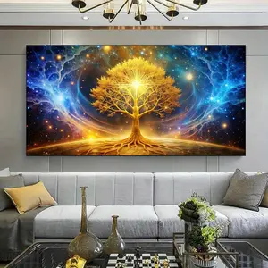 1 Framed Canvas Painting - Gold Glowing Tree of Life Canvas Painting for Living Room, Bedroom, Office Decoration Ornaments Artistic