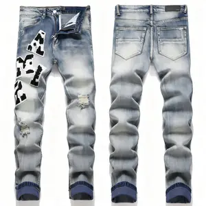 Cross-Border New Style Export High Street Youth Blue Ripped Badge Embroidery Stretch Skinny Men's Jeans Trendy Casual Fashionable Shorts