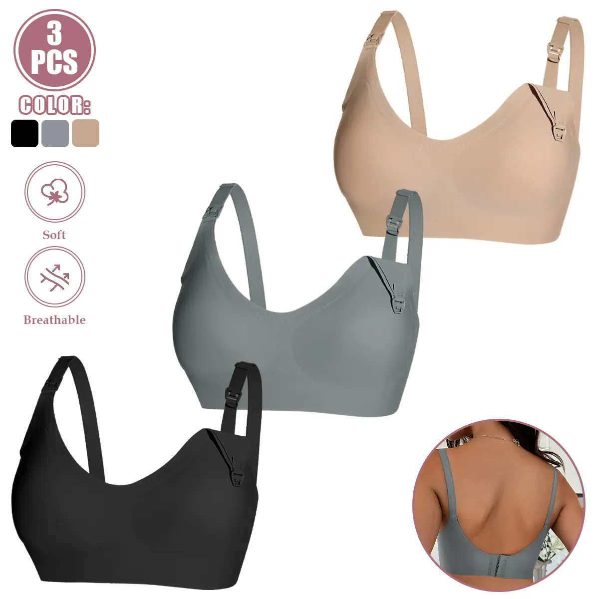 Women's 3-Pack Wireless Nursing Bra - Soft Breathable Cotton Maternity Bra with Quick-Clip Access, Seamless Comfort for Pregnant & Postpartum Moms, Pregnancy Stuff