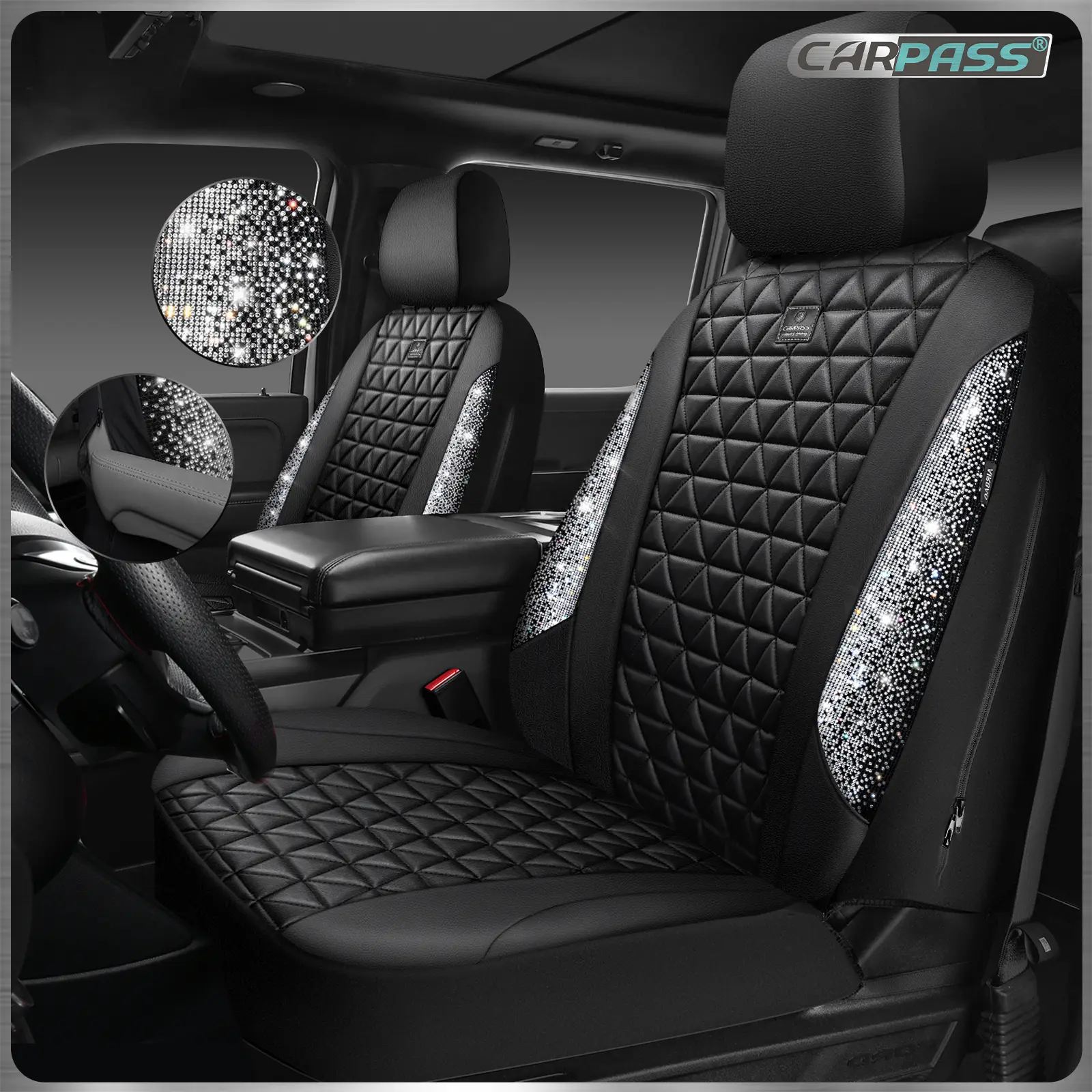 CAR PASS Bling Diamond Leather Car Seat Covers Full Set, Waterproof, Shining Glitter Sparkly Crystal Design, Universal Fit with Armrest, for Auto Truck SUV Cute for Women