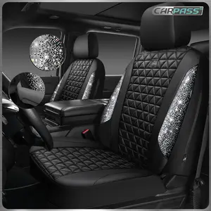 CAR PASS Bling Diamond Leather Car Seat Covers Full Set, Waterproof, Shining Glitter Sparkly Crystal Design, Universal Fit with Armrest, for Auto Truck SUV Cute for Women