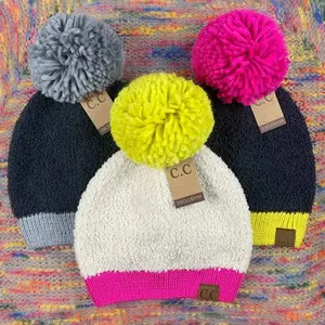 CC Neon Beanie Pom Pom Knit Hat for Women Warm Winter