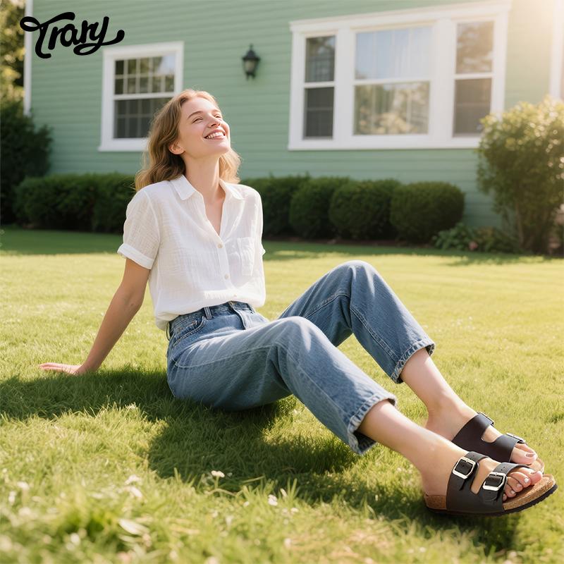 Trary Women's Slides Sandals with Cork Footbed Open Toe Flat Sandals for Women Adjustable Double Buckles Comfortable Slip On Slippers for Summer Party Casual Shoes  Dealsforyoudays