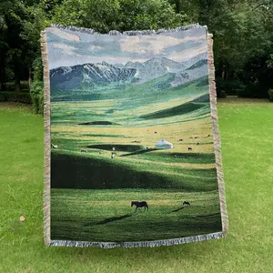 Mountains and grasslands Pattern Design, Bohemian Aesthetic, Bohemian Bed Blanket - Yarn Thick Breathable with Tassels for Home Decor Travel Outdoor Camping Picnic Not Printed No Faded No Pilling