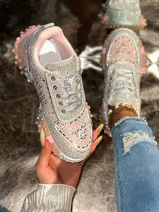 Women's Black Silver Rhinestone Chunky Sneakers | Non-Slip Durian Sole | Comfy Casual Walking Shoes #ComfyShoes #HeightBoost