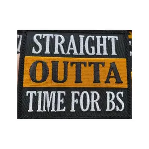 Patch Party Club, 1-pc, Black Border, "Straight Outta Time for BS" Iron-On Embroidered Patch; Word Patch, Patches for Denim Jackets, Size 3.85" x 3.85"
