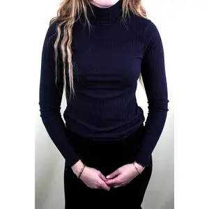 Ribbed Knit Mock Neck Long Sleeve Top - Navy