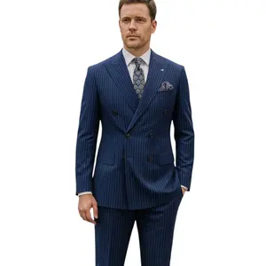 Ramzotti Double Breast Navy Blue Stripe Men Suit With Double Slits At The Back