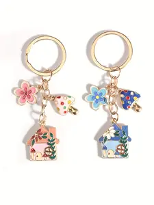 1/20pcs Mushroom Flower Cabin Keychain Cute Metal Key Chain Ring Purse Bag Backpack Charm Car Hanging Ornament Earbud Case Accessories Women Female Gift Keychain Kawaii Keychain For Bags