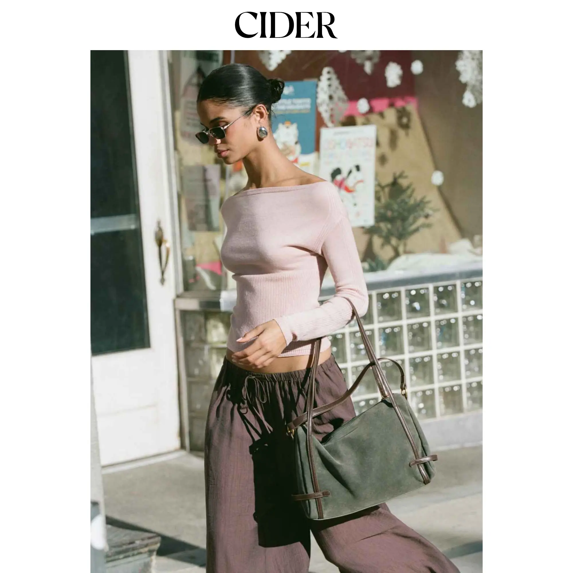 Cider Knit Off-Shoulder Long Sleeve Top, Knitwear, Longsleeves, Basic, Casual, Plain, Slim-Fitting