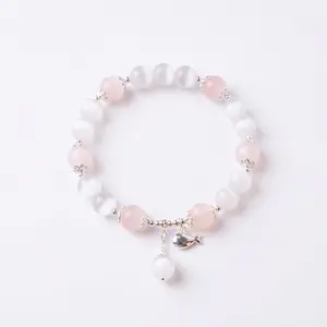 Rose Quartz & Cat Eye Bracelet for Love & Positive Energy, Aesthetic Beaded Jewelry, Sweet Gift for Best Friend