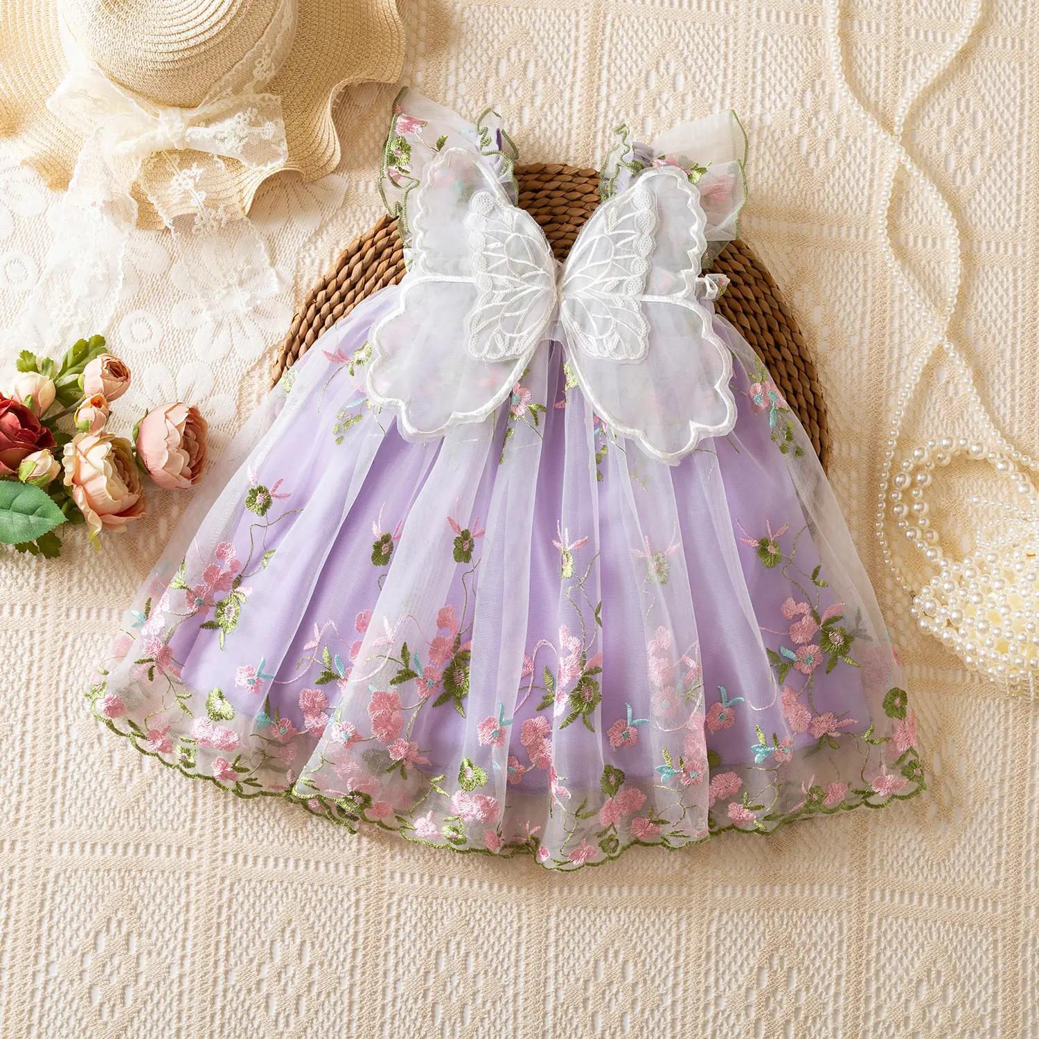 Summer Baby Girls' Princess Dress Fairy Dress with Butterfly Wings First Birthday Party Floral Embroidery Toddler Girl Tulle Dresses