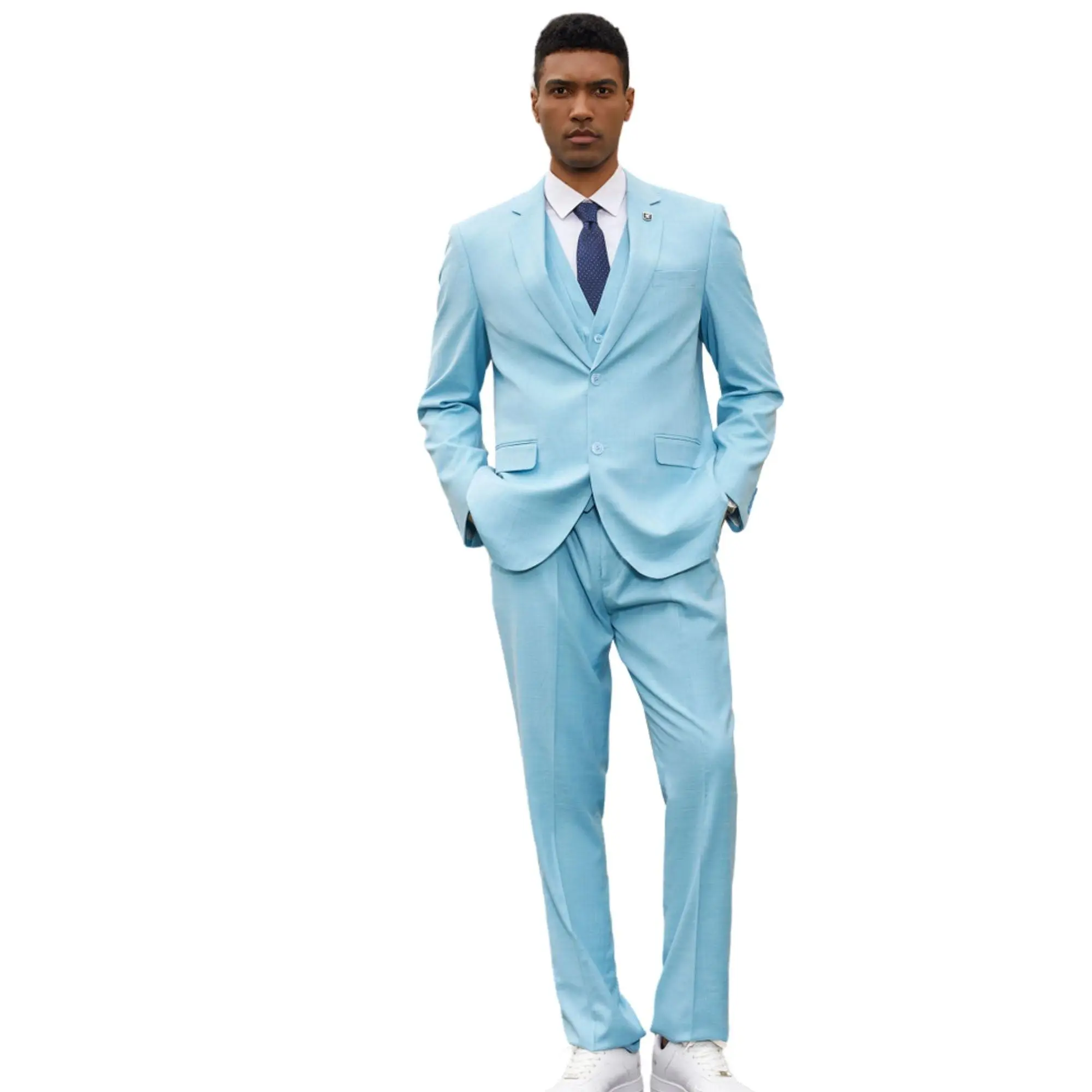 Textured 3-Piece Hybrid Fit Suit with Four-Button Vest - Aqua