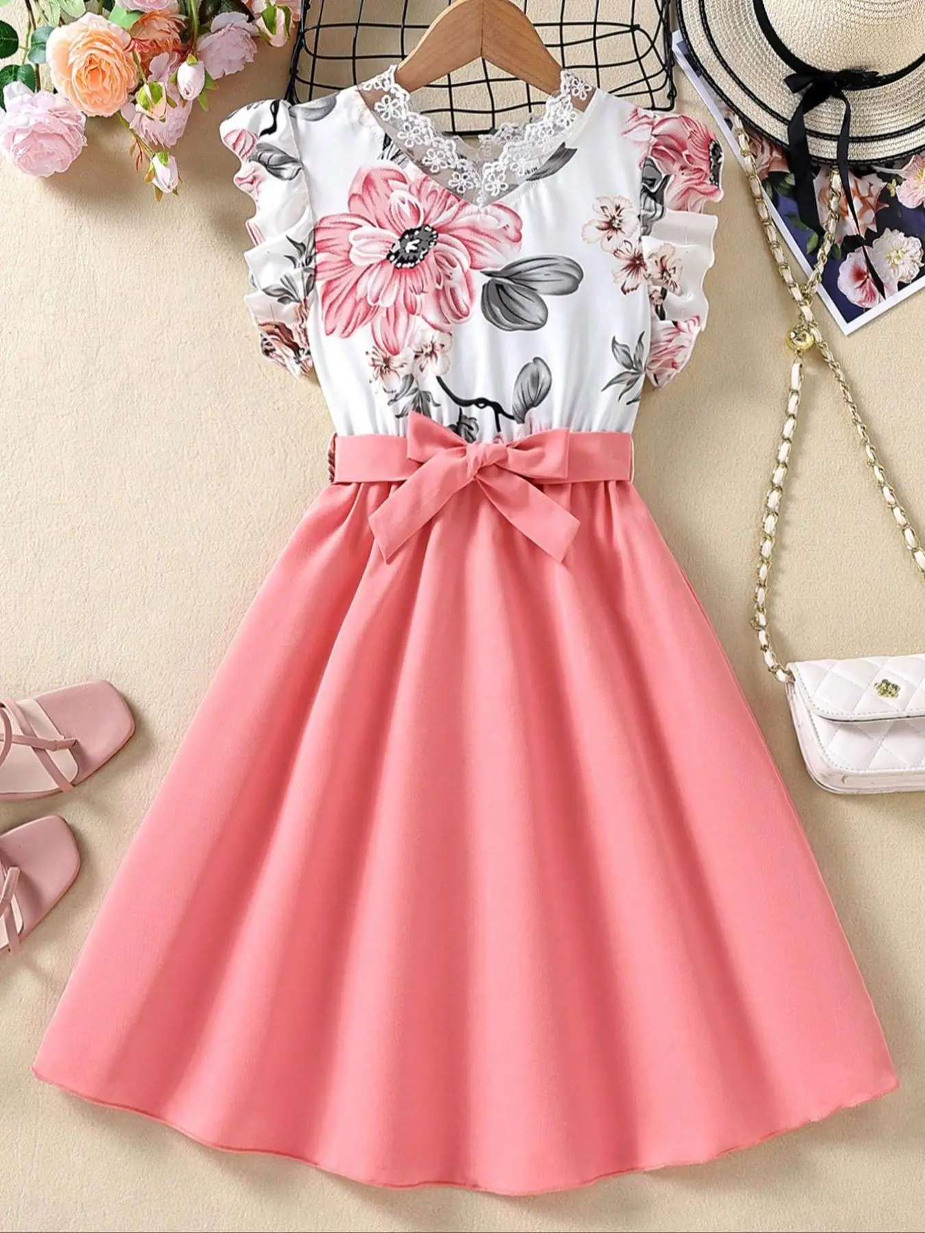 Girls' Floral Patchwork Lace Cap Sleeves Belted A-Line Dress, Butterfly Sleeve Round Neck Dress for Party Wedding Guests, Kids Summer