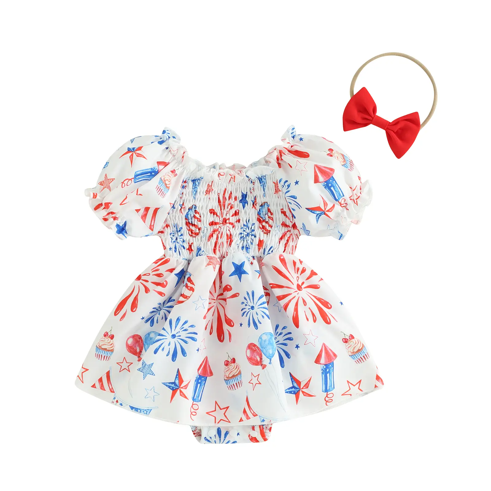 Baby Girl 4th of July Romper Dress Star Balloon Print Short Puff Sleeve Shirred Jumpsuit with Bow Headband