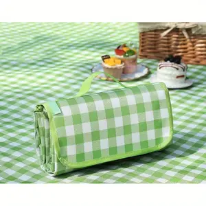 Green and White Portable Waterproof Picnic Blanket with Handbag Style Design, Durable Foldable Lawn Mat for Picnics, Beach, Hiking Travel Accessories