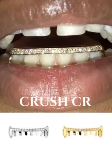 CRUSH CR Y2K Gothic Iced Out Bottom Fang Grillz for Women Teens, Sparkling Full CZ Pave Sharp Vampire Fang Design, Hypoallergenic Removable Bottom Teeth Set, Ideal for Rave Outfits, Festival Fits, Goth Aesthetic, Halloween Costumes TikTok OOTD Shoots