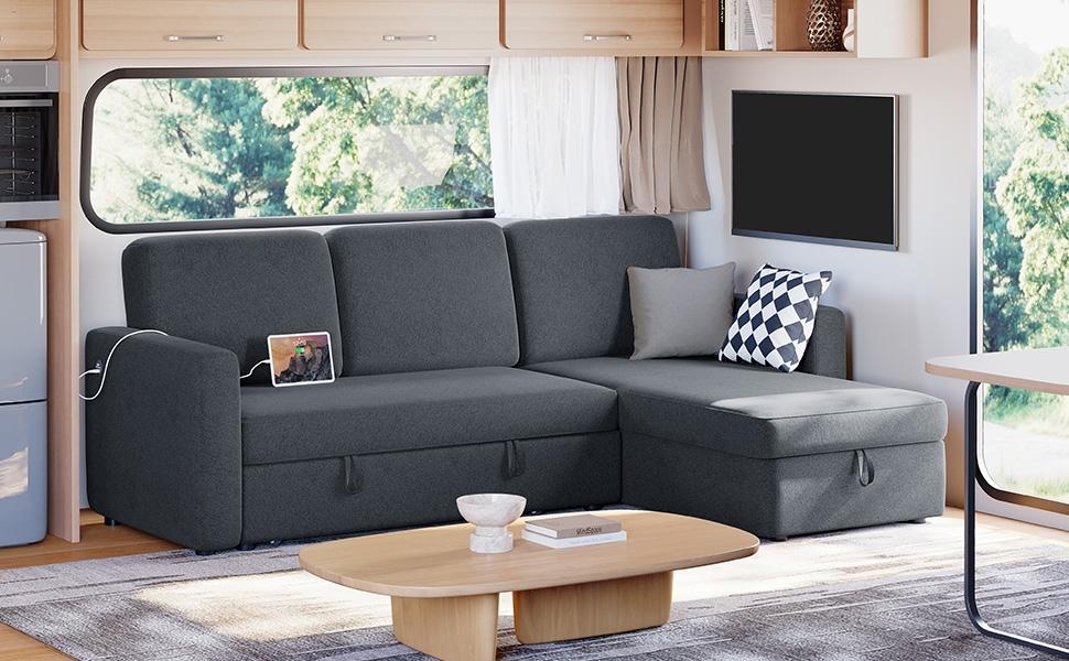 【4 Packages Delivery】Yaheetech L-Shaped Sectional Storage Sofa with Chaise, USB & Type-C Ports, Reversible Couch Sleeper with Pull Out Bed