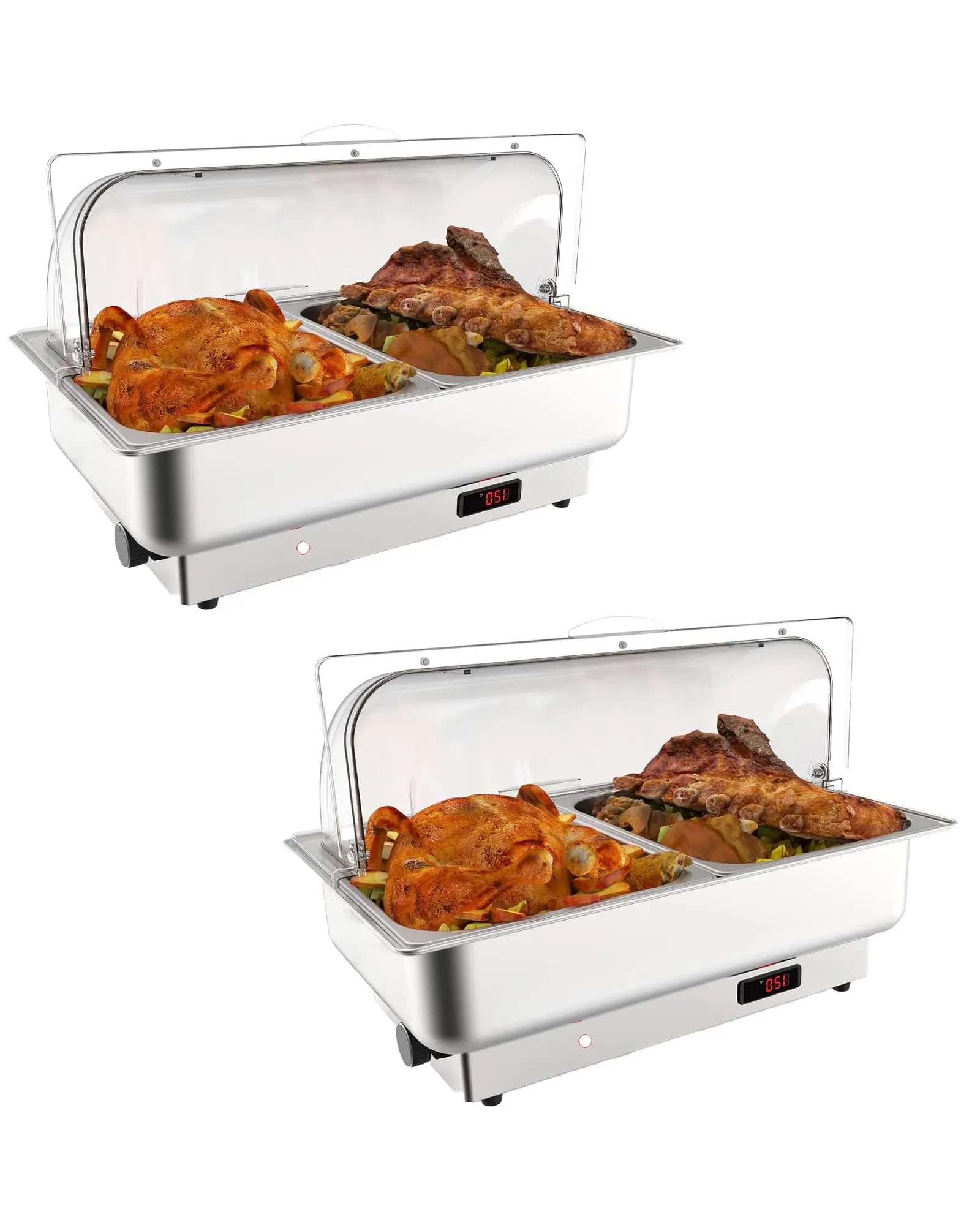 2 Packs Electric Chafing Dish Buffet Set, 2 × 4.5 QT Roll Top Food Warmer with Transparent PC Lid, 400W Temperature Control 86-200°F, Stainless Steel Chafer for Catering Parties