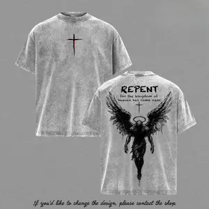 Repent Vintage Washed Oversized Christian T-Shirt, Angel Wings Faith Graphic Tee, “Kingdom of Heaven Has Come Near” Gospel Streetwear Top, Heavy Cotton Unisex Retro Worship Shirt