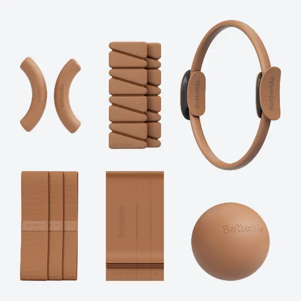 BetterMe Mocha Compact Full Body Home Gym Pilates Sets - Female Gear with Ring, Dumbbells, Resistance Bands, Ball for Strength Flex Training