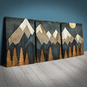 Cartoon Mountain Framed Canvas Wall Art Set, 3-Piece 30x40cm, Home Decor for Living Room, Coffee Shop, Office, Luxury Hanging Tapestry