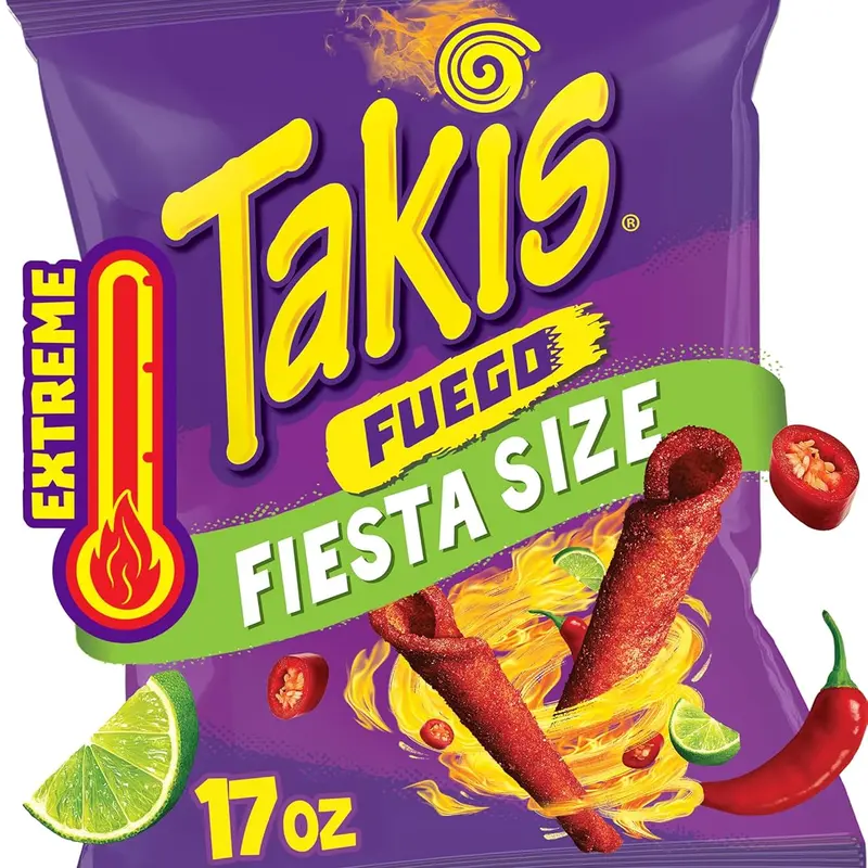 Fuego 17 oz Fiesta Size Bag, Hot Chili Pepper & Lime Flavored Extreme Spicy Rolled Tortilla Chips