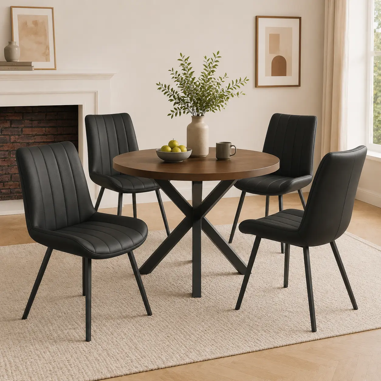 Modern Dining Chairs Set of 2, Black PU Leather Upholstered Kitchen Chairs with Channel Tufted Backrest, Comfortable Padded Seat with Metal Legs, Mid Century Accent Chairs for Dining Room, Living Room, Apartment and Home