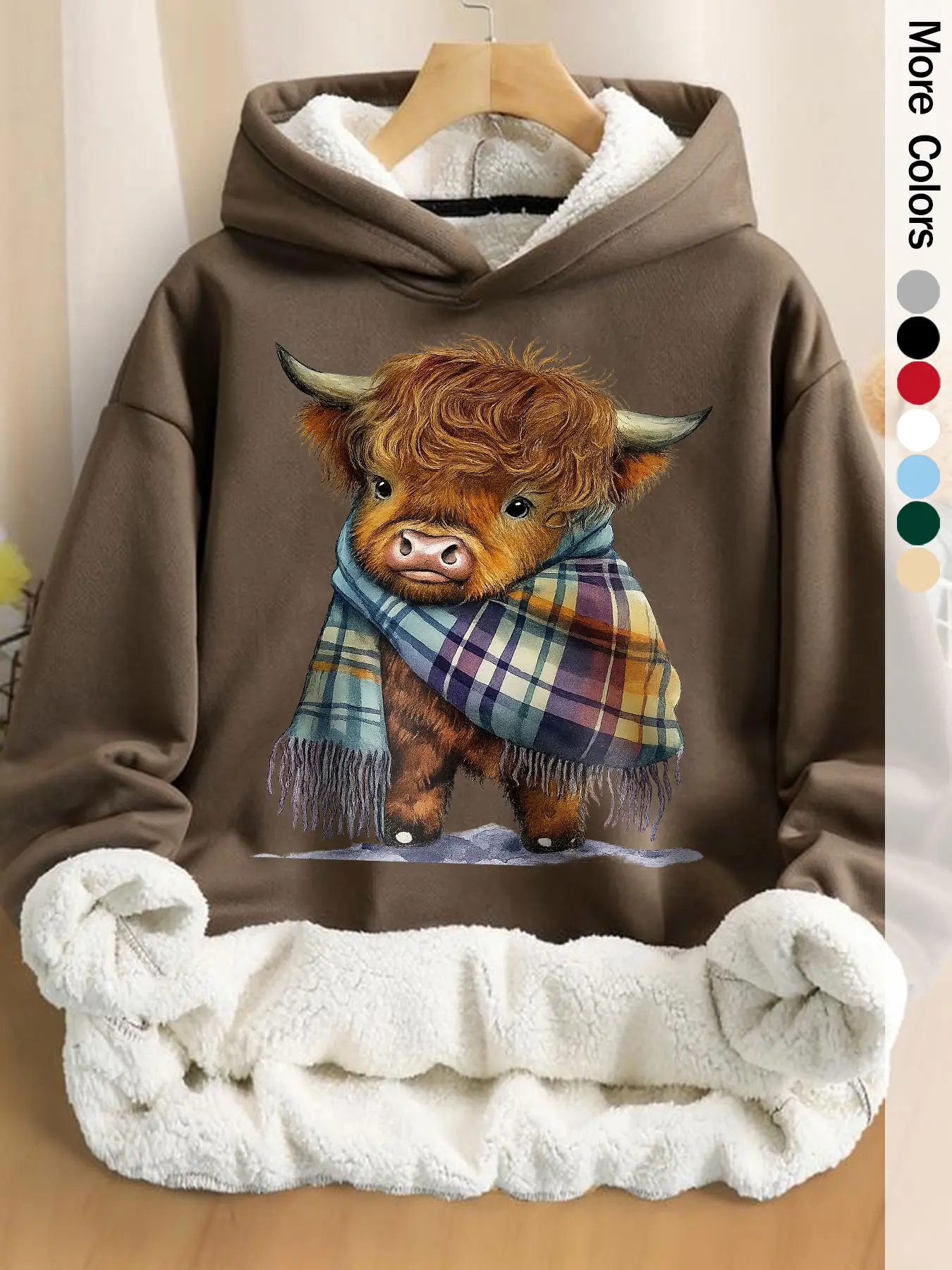 Women's Casual Loose Fit Hoodie with Cow Print, Fleece Lined Pullover for Fall & Winter, Comfortable and Stylish Sweatshirt