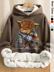 Women's Casual Loose Fit Hoodie with Cow Print, Fleece Lined Pullover for Fall & Winter, Comfortable and Stylish Sweatshirt