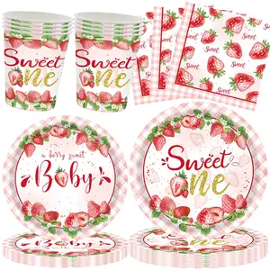 Strawberry Theme Party Supplies Set, 80 Pieces Dessert Tableware Kit Includes Paper Plates Napkins Cups for 20 Guests