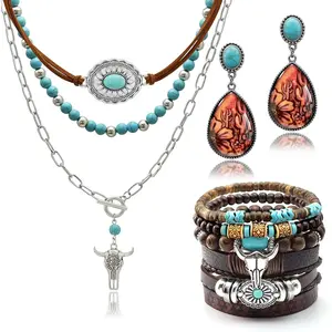3 Pcs Layered Western Jewelry Set for Women Boho Turquoise Beaded OX-Head Necklaces Western Cactus Cowboy Chic Earrings Rustic Cowgirl Stack Bracelets Country Concert Outfits Accessory