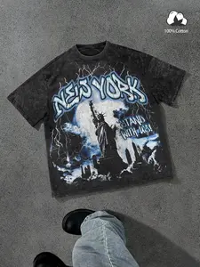 Unisex streetwear style, "New York stand us" lettering and Statue of Liberty portrait Graphic print, washed cotton crew neck Fitted Short T-shirt, tee, suitable for streetwear, trendy outfits, Y2K style, high street culture, and casual wear