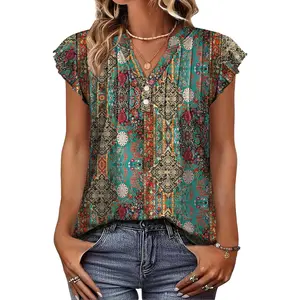 Summer Tops for Women Button Down Blouses for Women Dressy Casual V Neck T Shirts Ruffle Sleeve2026