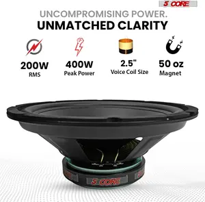 5 CORE 12 Inch Car Woofer Audio Pair 800W Combined 4Ohm Deep Bass Replacement Subwoofer 40-2.5kHZ Frequency Polypropylene Cone Component Loud Speaker System